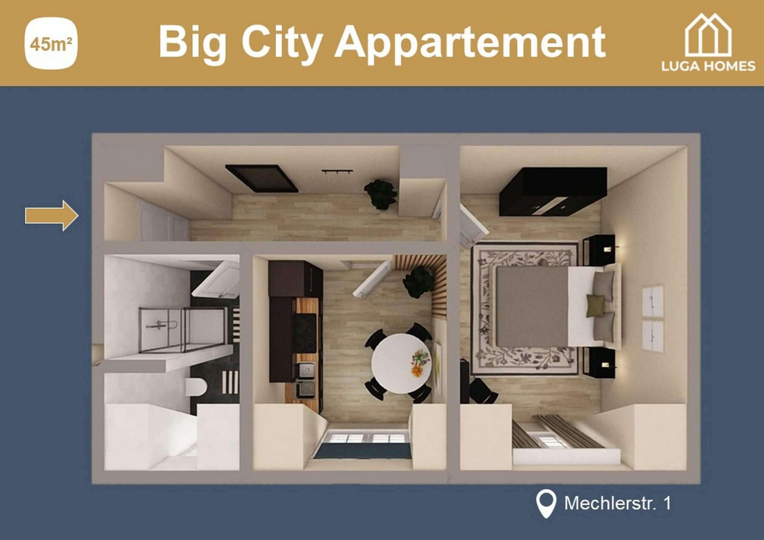 *Big City* 1-Zimmer-Apartment mit Küche